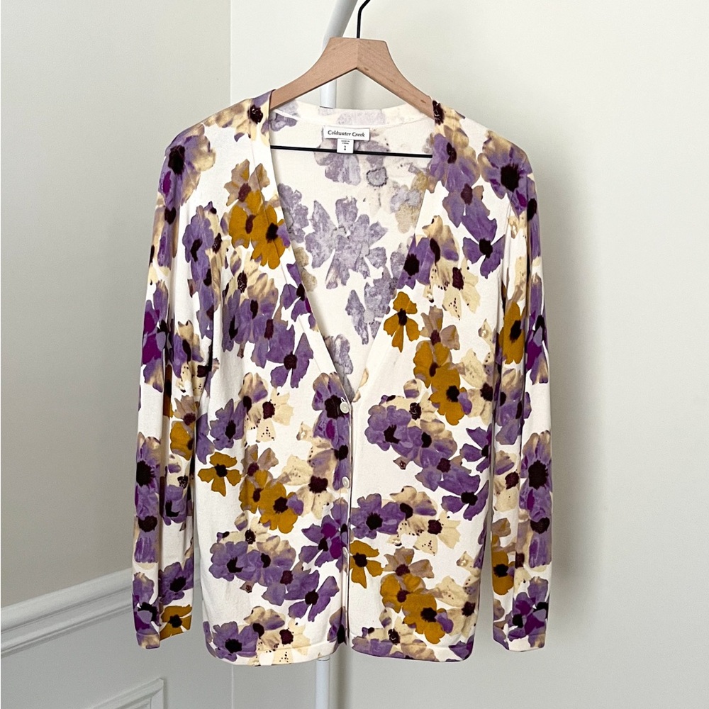 COLDWATER CREEK Floral Button Classic Cardigan Sweater Cotton Purple Women’s 8